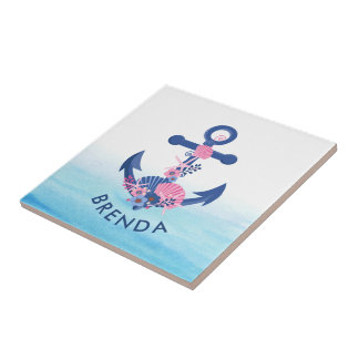 Azulejo De Cerâmica Cadeias cor-de-rosa marinho-azul âncora náutica