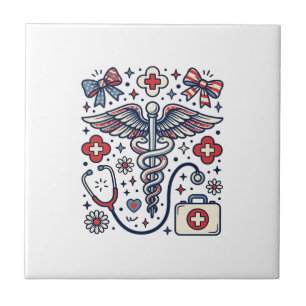 Azulejo De Cerâmica Caduceu Médico Vintage Patriota Enfermeira Vetor D