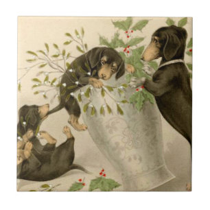 Azulejo De Cerâmica Cães bonitos do dachshund do Victorian do natal