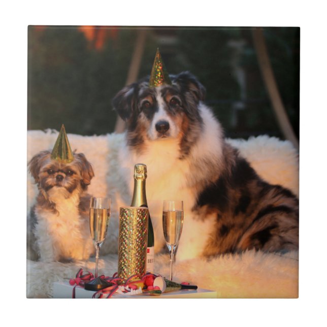 Azulejo De Cerâmica Cães Celebrando Ano Novo (Frente)