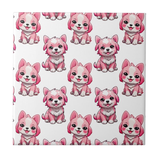 Azulejo De Cerâmica Cães Fofo Rosa - Branco  (Frente)