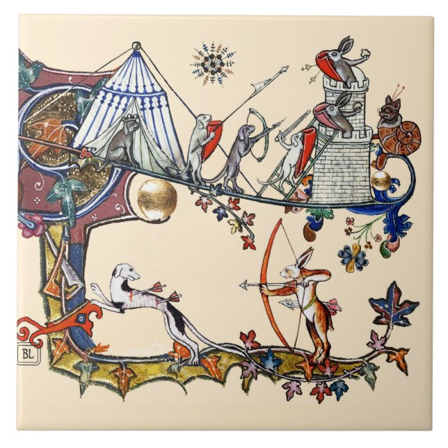 Azulejo De Cerâmica Cães medievais selvagens e coelho assassino (Frente)