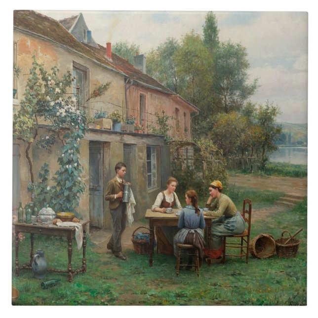 Azulejo De Cerâmica Café bebendo no Jardim (Paisagem Francesa) (Frente)