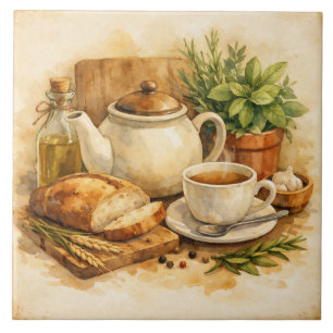 Azulejo De Cerâmica Café da Manhã Mediterrâneo Aquarela Rústica