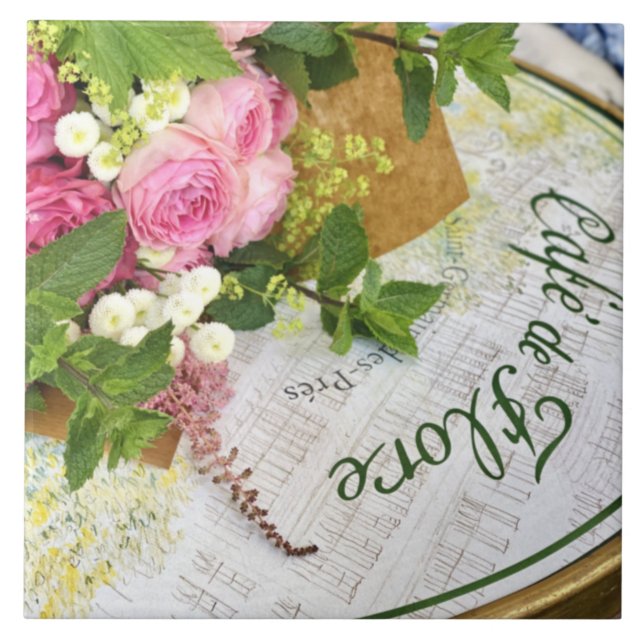 Azulejo De Cerâmica Cafe de Flore Bistro Mesa com Rosa de cerâmica (Frente)