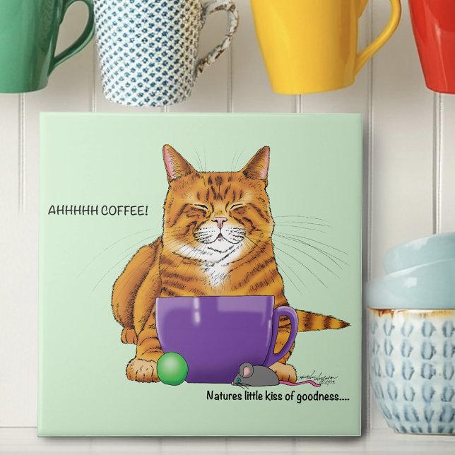 Azulejo De Cerâmica Café Laranja Gengibre Gata Engraçado (Criador carregado)