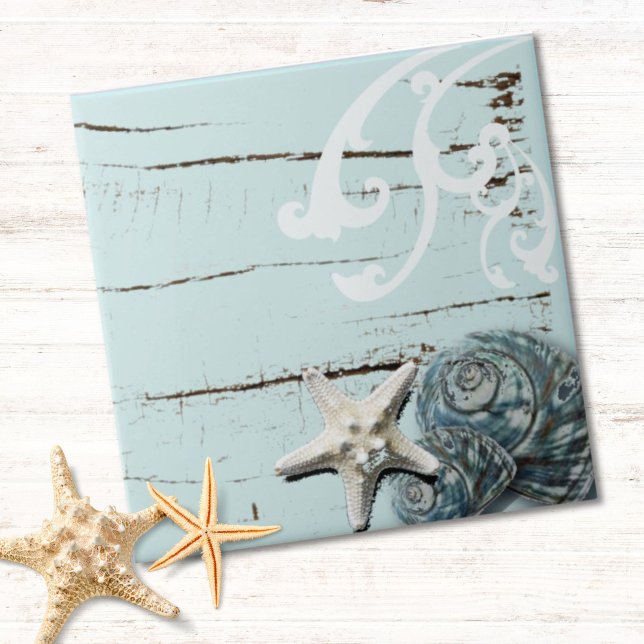 Azulejo De Cerâmica Cais-do-mar-do-mar (Coastal chic wood aqua blue starfish seashells ceramic tile)