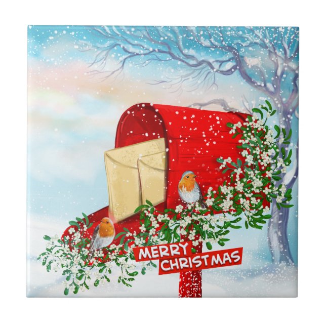 Azulejo De Cerâmica Caixa de Presente das Aves de inverno de Neve (Frente)