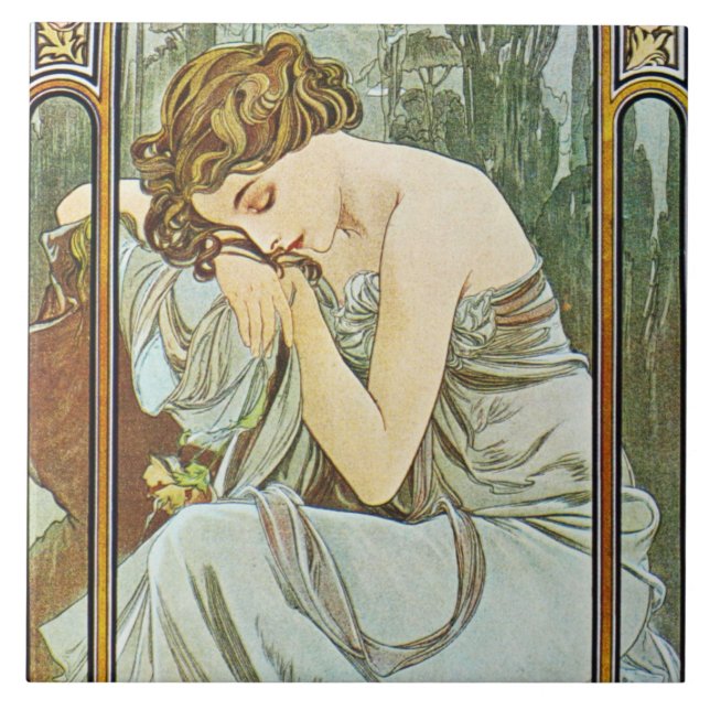 Azulejo De Cerâmica Caixa de presente de Mucha Repos de la Nuit Telhar (Frente)