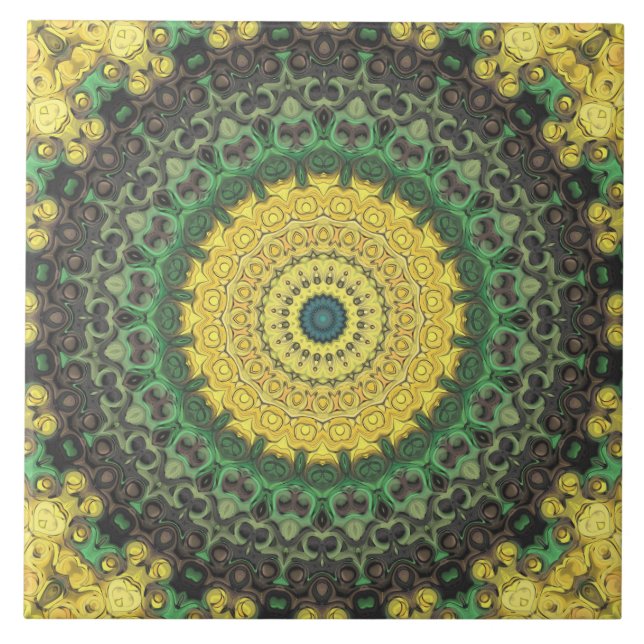 Azulejo De Cerâmica Caleidoscópio Amarelo e Verde Padrão de Mandala (Frente)