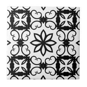 Azulejo De Cerâmica Caleidoscópio preto e branco extravagante da flor