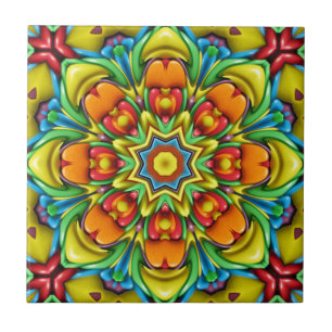 Azulejo De Cerâmica Caleidoscópio tropical do Fractal do vintage do