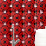 Azulejo De Cerâmica Caleidoscópio Vermelho Preto e Branco<br><div class="desc">Design decorativo vibrante e moderno,  com um padrão sem costura feito de formas geométricas em preto e branco sobre fundo vermelho.</div>