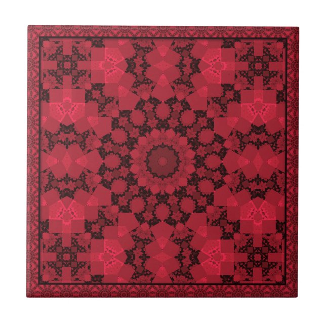 Azulejo De Cerâmica Caleidoscópio vermelho-preto, mandala (Frente)