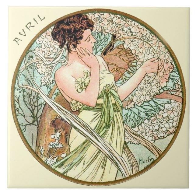Azulejo De Cerâmica Calendário abril de Nouveau Mucha da arte (Frente)