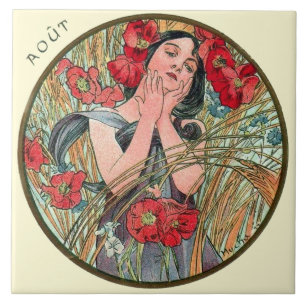 Azulejo De Cerâmica Calendário agosto de Nouveau Mucha da arte