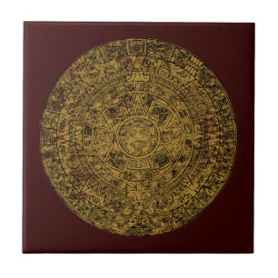 Azulejo De Cerâmica Calendário de Pedra Solar Asteca Envelhecido