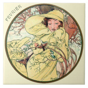 Azulejo De Cerâmica Calendário fevereiro de Nouveau Mucha da arte