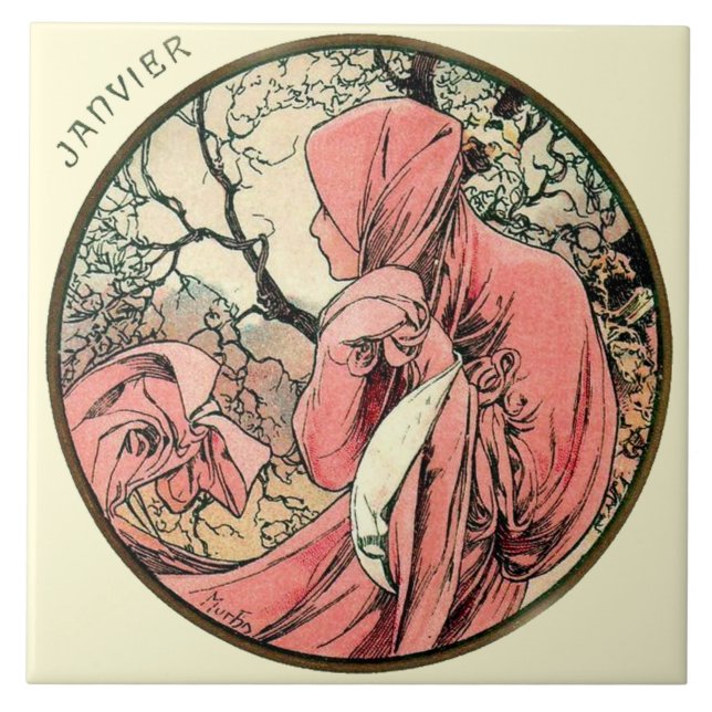 Azulejo De Cerâmica Calendário janeiro de Nouveau Mucha da arte (Frente)