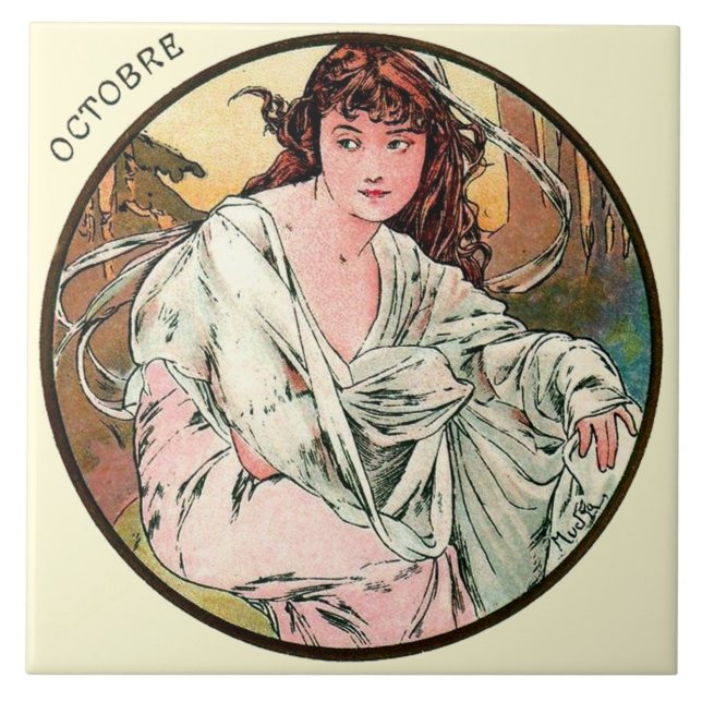 Azulejo De Cerâmica Calendário outubro de Nouveau Mucha da arte (Frente)