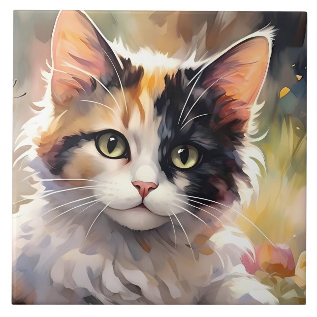 Azulejo De Cerâmica Calico Cat e borboletas no Primavera Garden (Frente)