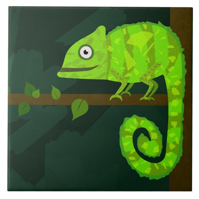 Azulejo De Cerâmica Camaleão verde fofo (Frente)