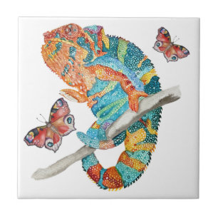 Azulejo De Cerâmica Camaleão Vibrante em Aquarela