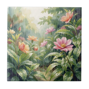 Azulejo De Cerâmica Camélias Floridas no Jardim Chuvoso Aquarela