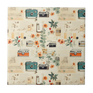 Azulejo De Cerâmica Câmera Vintage Rádio Floral Azul Turquesa Laranja
