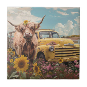 Azulejo De Cerâmica Caminhão Amarelo Vintage Vaca das Terras Altas Gir