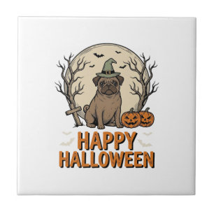Azulejo De Cerâmica Camisa com desenho de pug de Halloween vintage com