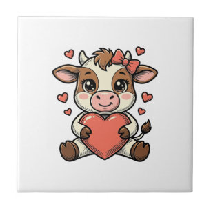 Azulejo De Cerâmica Camisa de Bebê Vaca Fofo Segurando Coração com Gra