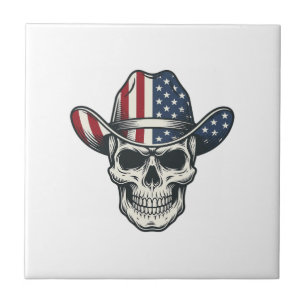Azulejo De Cerâmica Camisa de caveira de cowboy patriota com gravação 