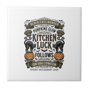 Azulejo De Cerâmica Camisa de Cozinheiro de Halloween Gato Preto Abóbo