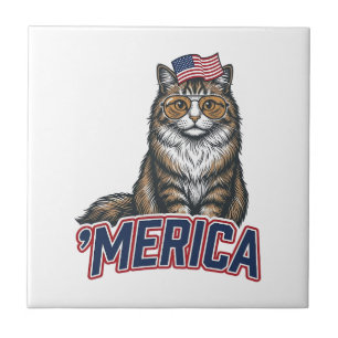 Azulejo De Cerâmica Camisa de Desenho de Gato Patriótico Merica Vintag