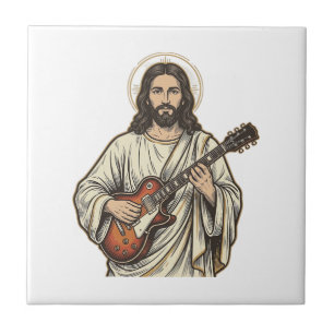 Azulejo De Cerâmica Camisa de design de gravura de guitarrista sagrado