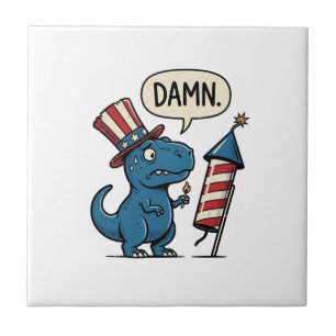 Azulejo De Cerâmica Camisa de Fogo Patriótica Divertida de T-Rex Desig