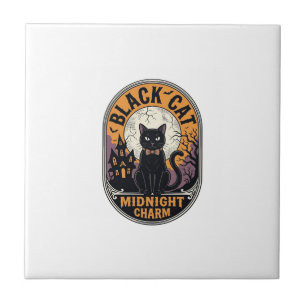 Azulejo De Cerâmica Camisa de Halloween de Gato Preto Charme da Meia-N