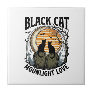 Azulejo De Cerâmica Camisa de Halloween de Gato Preto Vintage Lua Cemi