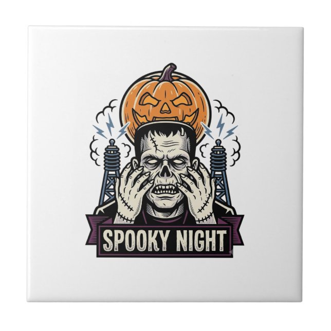 Azulejo De Cerâmica Camisa de Halloween de Monstro com Gravação da Lua (Frente)