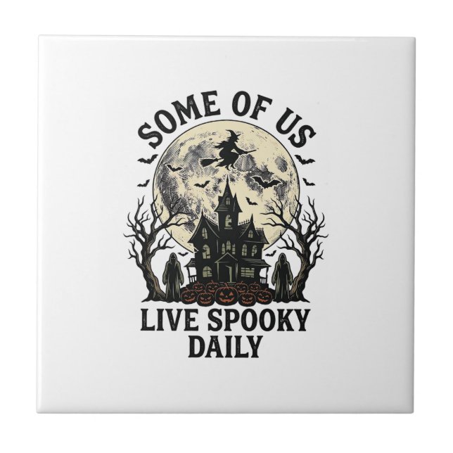 Azulejo De Cerâmica Camisa de Halloween Diária com Lua Assombrada Vint (Frente)