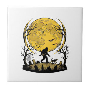 Azulejo De Cerâmica Camisa de Halloween do Pé Grande Lua Cheia Cão Cam