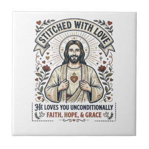 Azulejo De Cerâmica Camisa de Jesus Costurando Bordado Gráfico Cristão