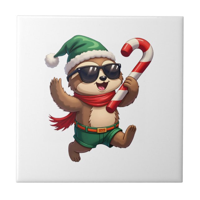 Azulejo De Cerâmica Camisa de Natal Sloth Elf Peppermint Candy Cane Gi (Frente)