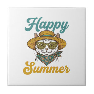 Azulejo De Cerâmica Camisa de Verão Feliz Gato Vintage Gravura Design_