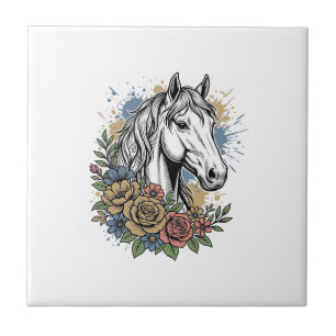 Azulejo De Cerâmica Camisa de Vetor Floral de Cavalo Gravado Vintage D