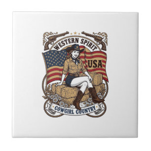 Azulejo De Cerâmica Camisa Patriótica Vintage Western Cowgirl Design_1