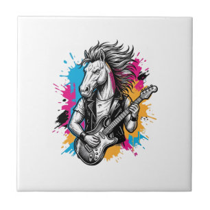 Azulejo De Cerâmica Camisa Vintage de Gravura de Cavalo Tocando Guitar