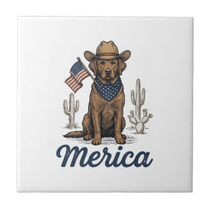 Azulejo De Cerâmica Camisa Vintage Merica Cowboy Dog Bandeira American