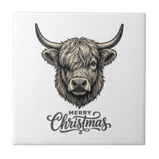Azulejo De Cerâmica Camisa Vintage Merry Christmas Cow Highland_1